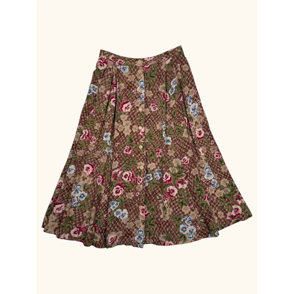 Sag Harbor Petite Floral Button Front Midi Skirt Brown Pink Rayon Size Large